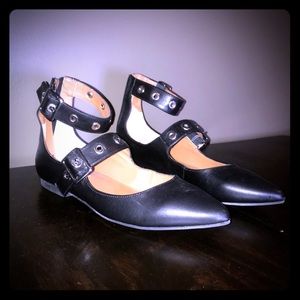 Black Grommet Buckled Pointy-Toed Flats